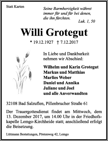 Anzeige  Willi Grotegut  Lippische Landes-Zeitung
