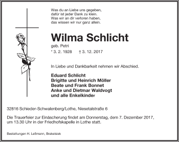 Anzeige  Wilma Schlicht  Lippische Landes-Zeitung