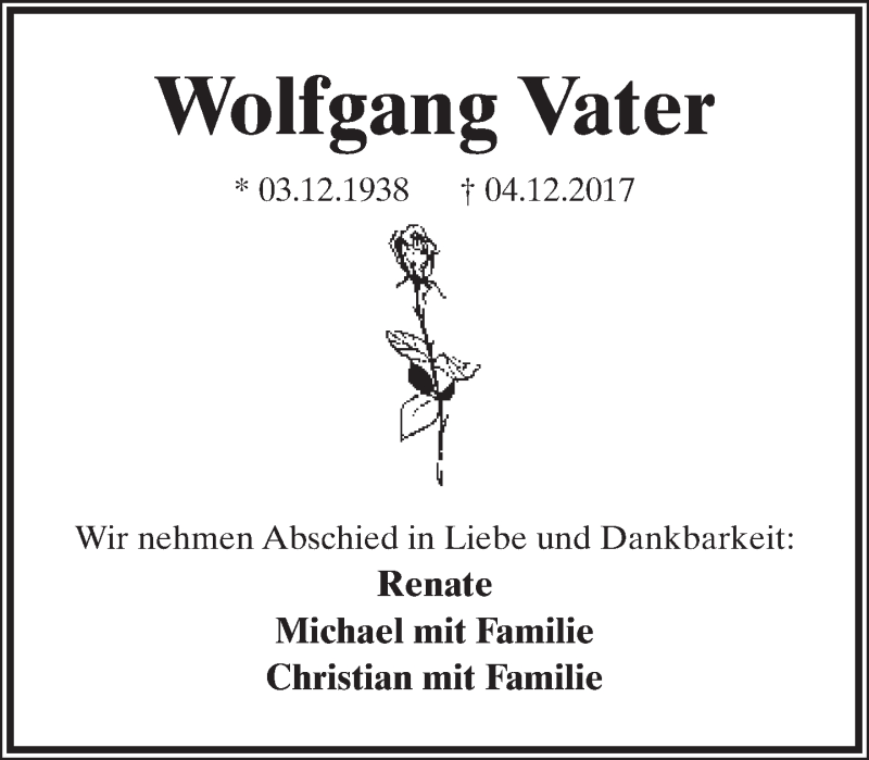  Traueranzeige für Wolfgang Vater vom 09.12.2017 aus Lippische Landes-Zeitung