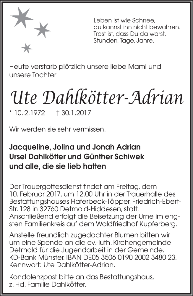  Traueranzeige für Ute Dahlkötter-Adrian vom 04.02.2017 aus Lippische Landes-Zeitung