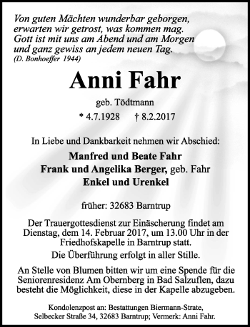 Anzeige  Anni Fahr  Lippische Landes-Zeitung