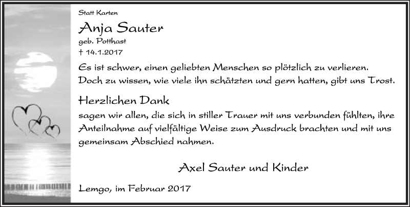  Traueranzeige für Anja Sauter vom 11.02.2017 aus Lippische Landes-Zeitung