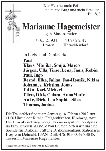 Anzeige  Marianne Hagemeister  Lippische Landes-Zeitung