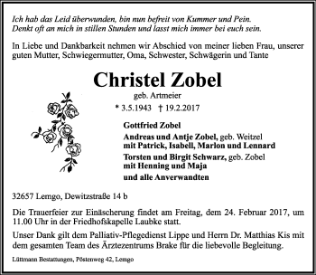 Anzeige  Christel Zobel  Lippische Landes-Zeitung