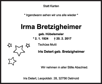 Anzeige  Irma Bretzigheimer  Lippische Landes-Zeitung