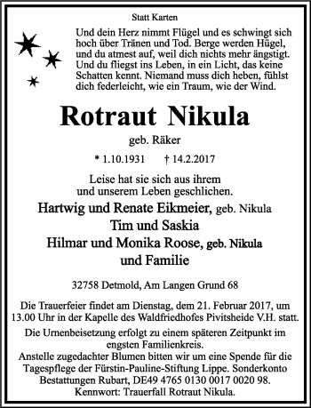 Anzeige  Rotraut Nikula  Lippische Landes-Zeitung