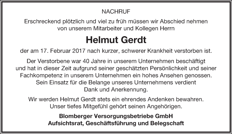  Traueranzeige für Helmut Gerdt vom 22.02.2017 aus Lippische Landes-Zeitung