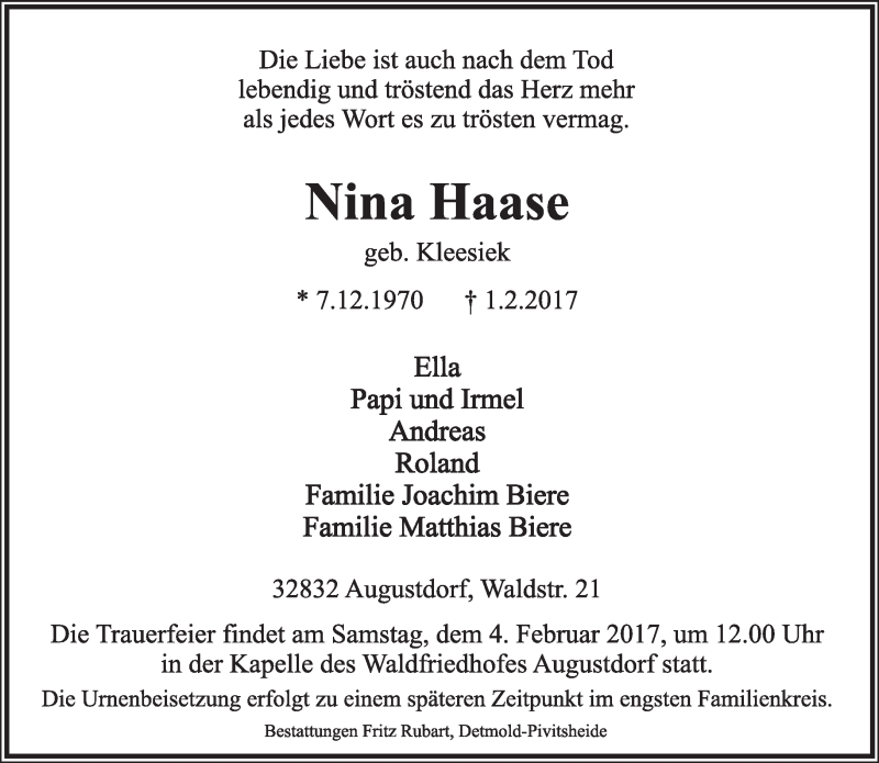 Traueranzeige für Nina Haase vom 03.02.2017 aus Lippische Landes-Zeitung