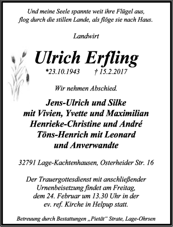 Anzeige  Ulrich Erfling  Lippische Landes-Zeitung