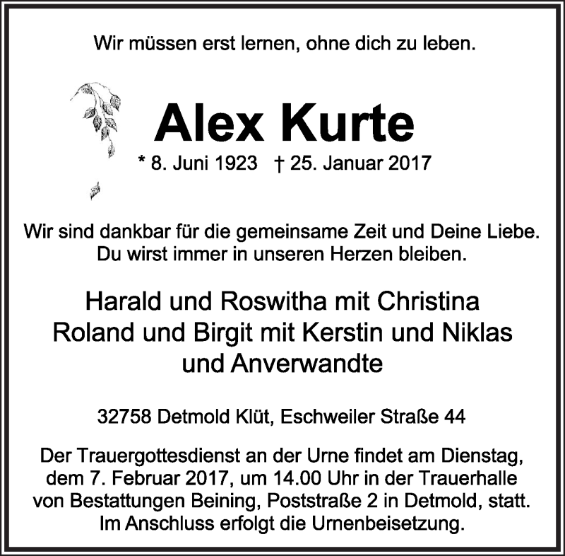  Traueranzeige für Alex Kurte vom 04.02.2017 aus Lippische Landes-Zeitung