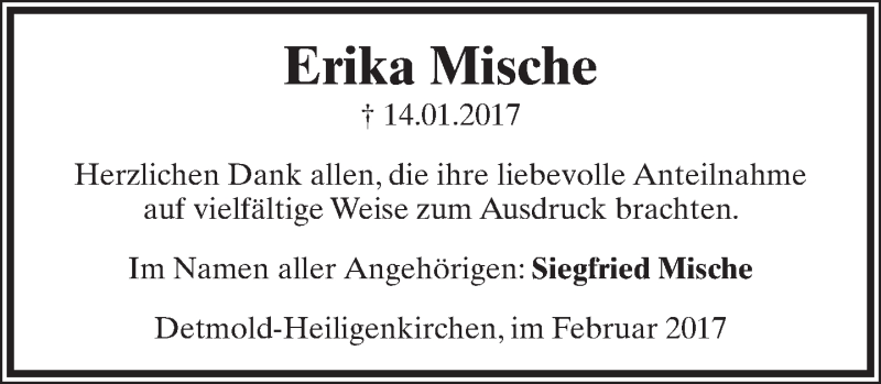  Traueranzeige für Erika Mische vom 01.02.2017 aus Lippische Landes-Zeitung