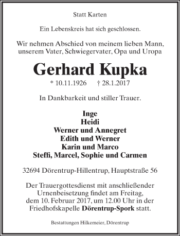 Anzeige  Gerhard Kupka  Lippische Landes-Zeitung