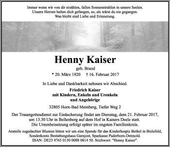 Anzeige  Henny Kaiser  Lippische Landes-Zeitung