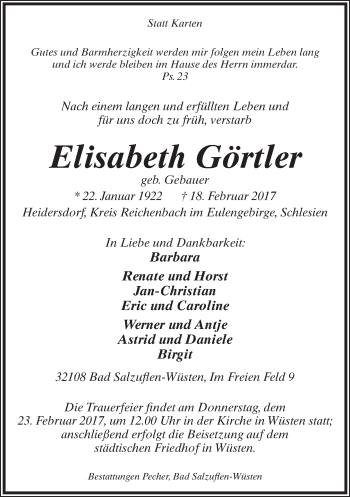 Anzeige  Elisabeth Görtler  Lippische Landes-Zeitung