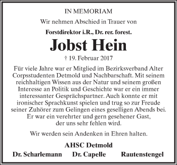 Anzeige  Jobst Hein  Lippische Landes-Zeitung