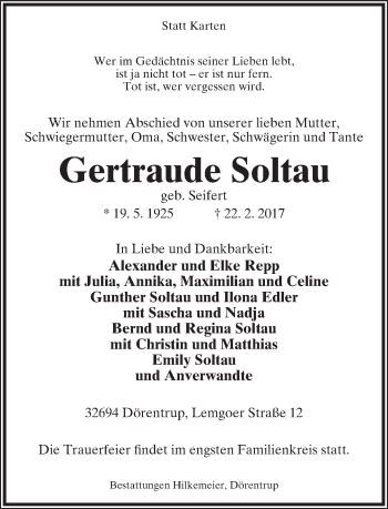 Anzeige  Gertraude Soltau  Lippische Landes-Zeitung