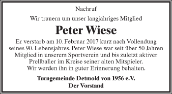 Anzeige  Peter Wiese  Lippische Landes-Zeitung