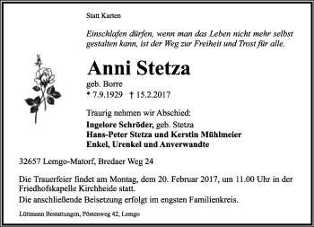 Anzeige  Anni Stetza  Lippische Landes-Zeitung