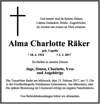 Anzeige  Alma Charlotte Räker  Lippische Landes-Zeitung