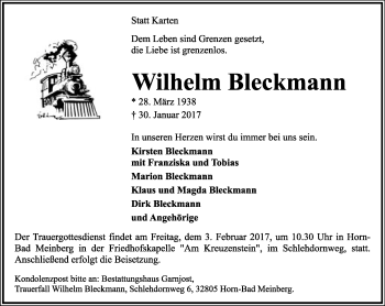 Anzeige  Wilhelm Bleckmann  Lippische Landes-Zeitung