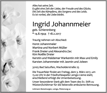 Anzeige  Ingrid Johannmeier  Lippische Landes-Zeitung
