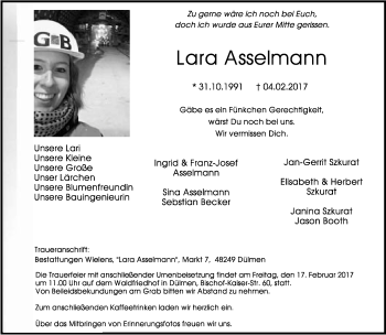 Anzeige  Lara Asselmann  Lippische Landes-Zeitung