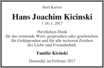Anzeige  Hans Joachim Kicinski  Lippische Landes-Zeitung
