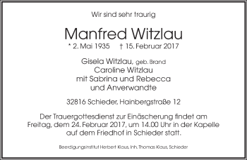 Anzeige  Manfred Witzlau  Lippische Landes-Zeitung