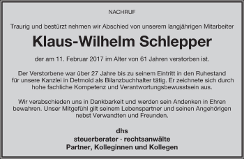 Anzeige  Klaus-Wilhelm Schlepper  Lippische Landes-Zeitung