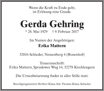 Anzeige  Gerda Gehring  Lippische Landes-Zeitung