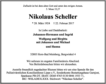Anzeige  Nikolaus Scheller  Lippische Landes-Zeitung