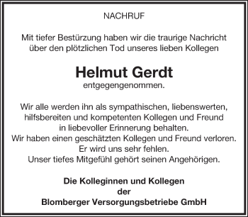 Anzeige  Helmut Gerdt  Lippische Landes-Zeitung