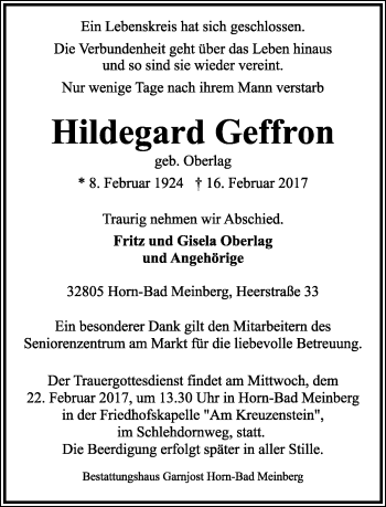 Anzeige  Hildegard Geffron  Lippische Landes-Zeitung