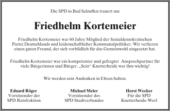 Anzeige  Friedhelm Kortemeier  Lippische Landes-Zeitung