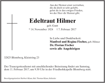 Anzeige  Edeltraut Hilmer  Lippische Landes-Zeitung