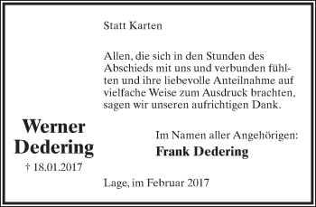 Anzeige  Werner Dedering  Lippische Landes-Zeitung
