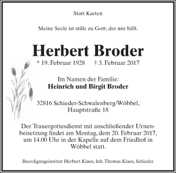 Anzeige  Herbert Broder  Lippische Landes-Zeitung