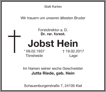 Anzeige  Jobst Hein  Lippische Landes-Zeitung