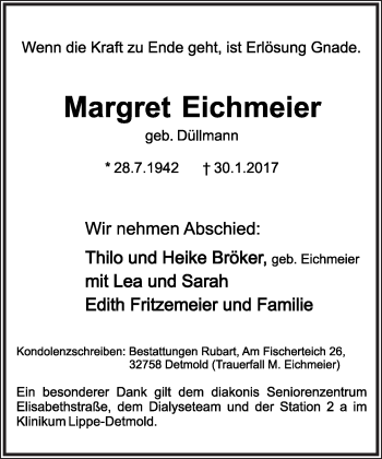 Anzeige  Margret Eichmeier  Lippische Landes-Zeitung