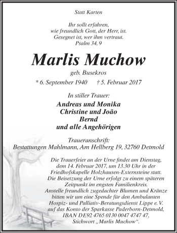 Anzeige  Marlis Muchow  Lippische Landes-Zeitung