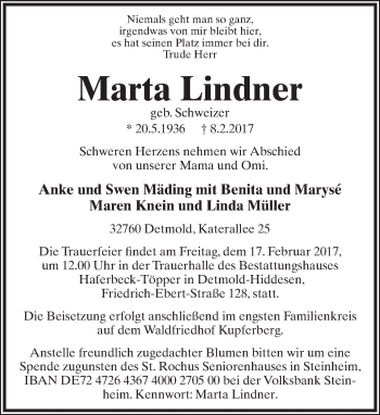 Anzeige  Marta Lindner  Lippische Landes-Zeitung