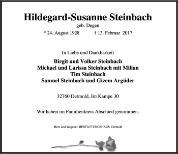 Anzeige  Hildegard-Susanne Steinbach  Lippische Landes-Zeitung