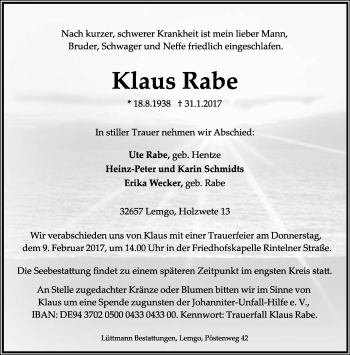 Anzeige  Klaus Rabe  Lippische Landes-Zeitung