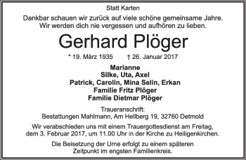 Anzeige  Gerhard Plöger  Lippische Landes-Zeitung