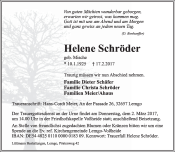 Anzeige  Helene Schröder  Lippische Landes-Zeitung