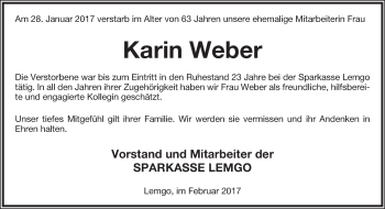 Anzeige  Karin Weber  Lippische Landes-Zeitung