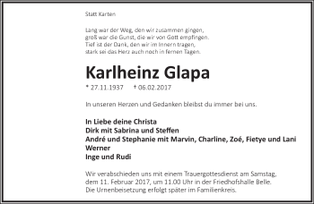 Anzeige  Karlheinz Glapa  Lippische Landes-Zeitung