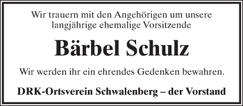Anzeige  Bärbel Schulz  Lippische Landes-Zeitung