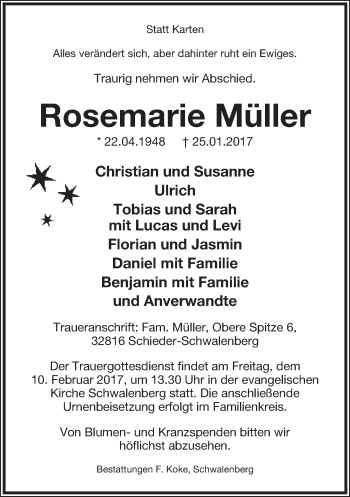Anzeige  Rosemarie Müller  Lippische Landes-Zeitung