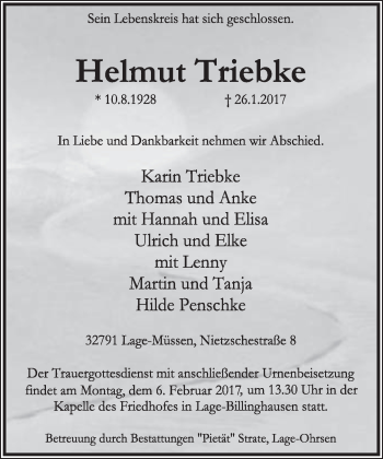 Anzeige  Helmut Triebke  Lippische Landes-Zeitung